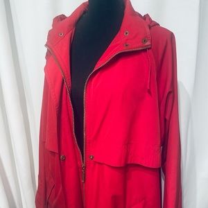LL Bean Long Red Coat with Detachable Hood. Zipper and Button Down.